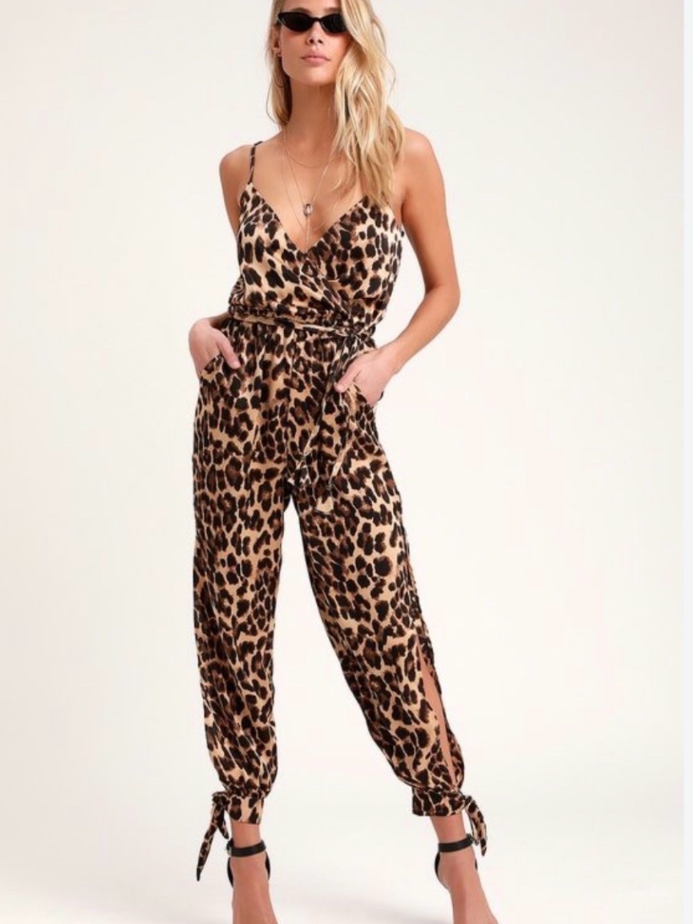 Lulu's Leopard Print Tie-Waist Jumpsuit - Brown & Black sz m